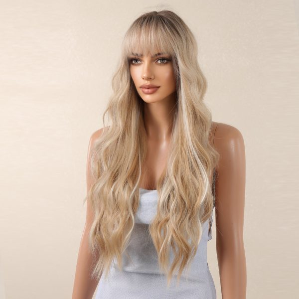 Honey Blonde Deep Wave Wig – Warm Rooted Balayage Synthetic Hair