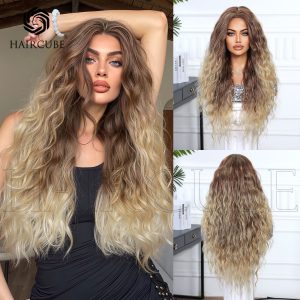 Warm Brown to Honey Blonde Balayage Deep Wave Wig – Golden Ombre Synthetic Hair 28 Inch