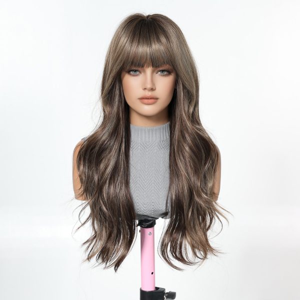 24 Inch Ash Brown Body Wave Wig with Bangs – Caramel Synthetic Hair