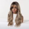 Brown Blonde Balayage Long Wavy Wig with Bangs – Rooted Synthetic Hair