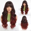 26 Inch Warm Brown Caramel Balayage Deep Wave Wig with Bangs – Synthetic Hair