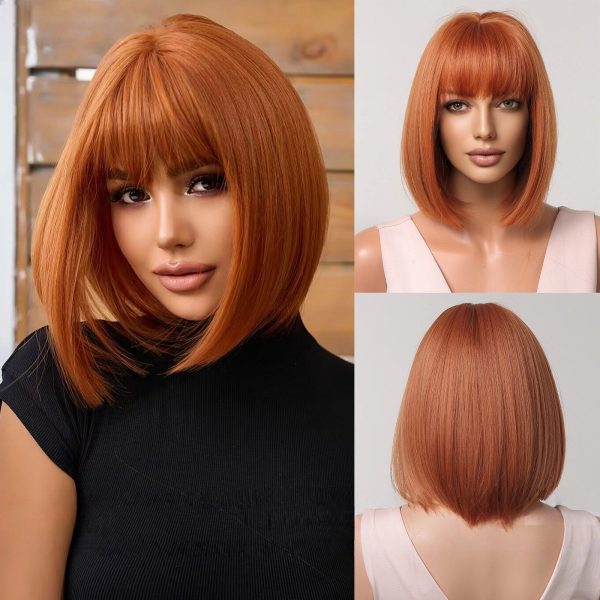 Copper Red Short Bob Wig with Bangs – Vivid Warm Tone Synthetic Hair