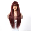 28 Inch Burgundy Straight Wig with Bangs – Wine Red Synthetic Hair