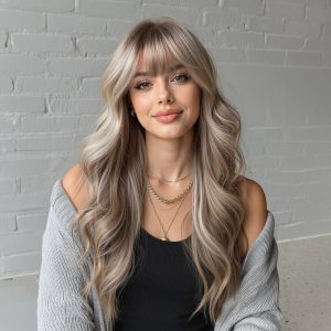 24 Inch Ash Blonde Wavy Wig with Bangs – Cool Highlight Synthetic Hair 24 Inch Ash Blonde Wavy Wig with Bangs – Cool Highlight Synthetic Hair