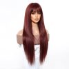 28 Inch Burgundy Straight Wig with Bangs – Wine Red Synthetic Hair