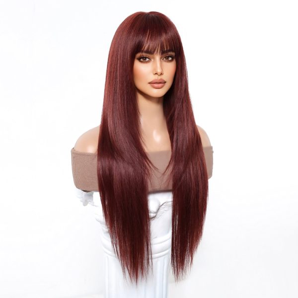28 Inch Burgundy Straight Wig with Bangs – Wine Red Synthetic Hair