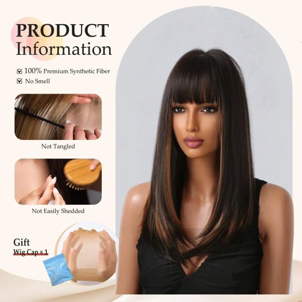 Dark Brown Caramel Balayage Long Straight Wig with Bangs – Warm Highlighted Synthetic Hair Dark Brown Caramel Balayage Long Straight Wig with Bangs – Warm Highlighted Synthetic Hair