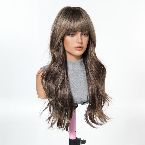 24 Inch Ash Brown Body Wave Wig with Bangs – Caramel Synthetic Hair