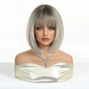 Ash Blonde Short Bob Wig with Bangs – Polished Cool Synthetic Hair 12 Inch
