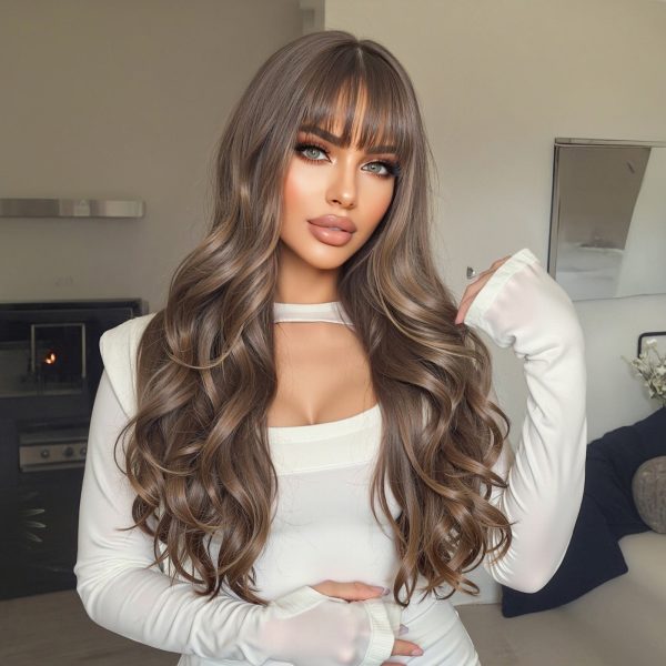 26 Inch Chestnut Brown Long Wavy Wig with Bangs – Warm Body Wave Synthetic Hair