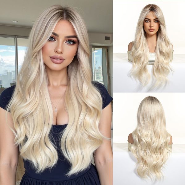 26 Inch Platinum Blonde Long Wavy Wig – Dark-Rooted Icy Synthetic Hair 26 Inch Platinum Blonde Long Wavy Wig – Dark-Rooted Icy Synthetic Hair