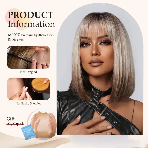 Ash Blonde Rooted Short Bob Wig – Dark Root Silver Tip Synthetic Hair