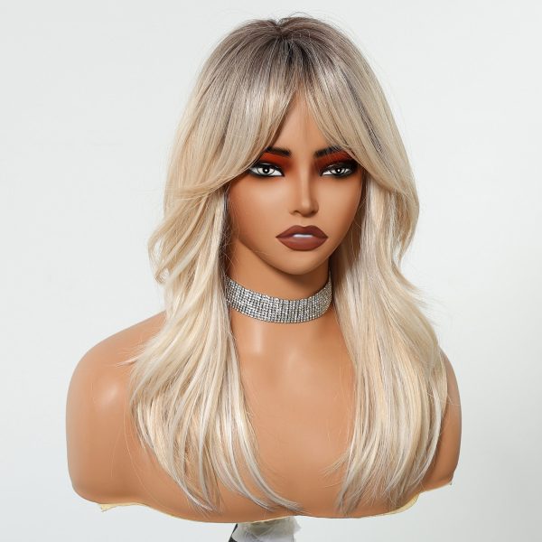 Ash Blonde Long Wavy Wig with Bangs – Cool Multi-Tonal Layered Synthetic Hair
