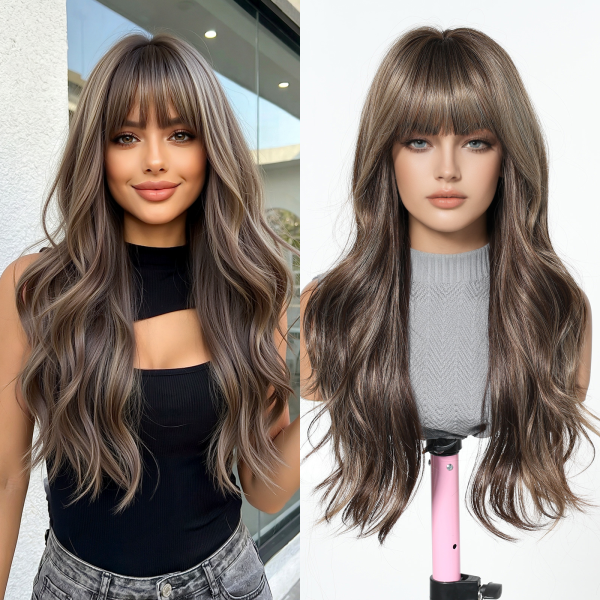 24 Inch Ash Brown Body Wave Wig with Bangs – Caramel Synthetic Hair 24 Inch Ash Brown Body Wave Wig with Bangs – Caramel Synthetic Hair