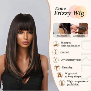 Dark Brown Caramel Balayage Long Straight Wig with Bangs – Warm Highlighted Synthetic Hair Dark Brown Caramel Balayage Long Straight Wig with Bangs – Warm Highlighted Synthetic Hair
