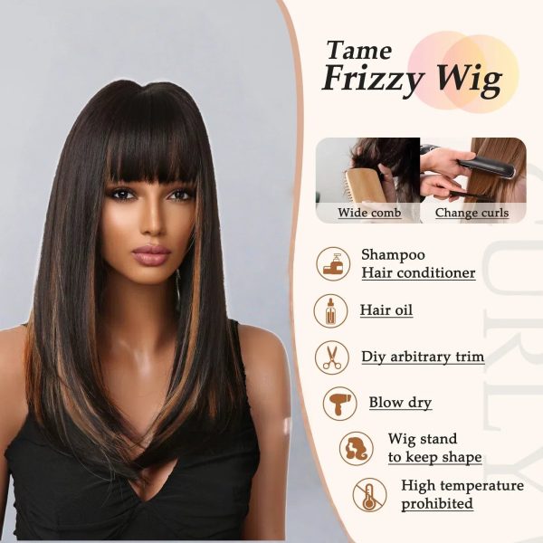 Dark Brown Caramel Balayage Long Straight Wig with Bangs – Warm Highlighted Synthetic Hair Dark Brown Caramel Balayage Long Straight Wig with Bangs – Warm Highlighted Synthetic Hair
