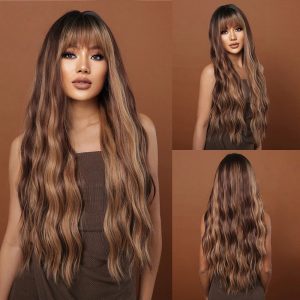 Dark Brown Long Deep Wave Wig with Bangs – Warm Caramel Balayage Synthetic Hair Dark Brown Long Deep Wave Wig with Bangs – Warm Caramel Balayage Synthetic Hair