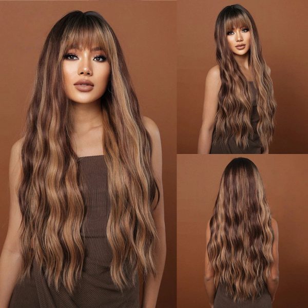 Dark Brown Long Deep Wave Wig with Bangs – Warm Caramel Balayage Synthetic Hair Dark Brown Long Deep Wave Wig with Bangs – Warm Caramel Balayage Synthetic Hair