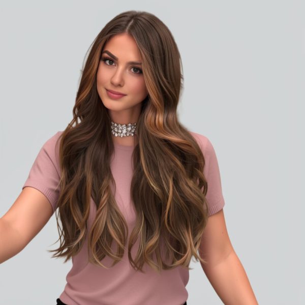 24 Inch Medium Brown Wavy Wig – Caramel Highlight Synthetic Hair 24 Inch Medium Brown Wavy Wig – Caramel Highlight Synthetic Hair