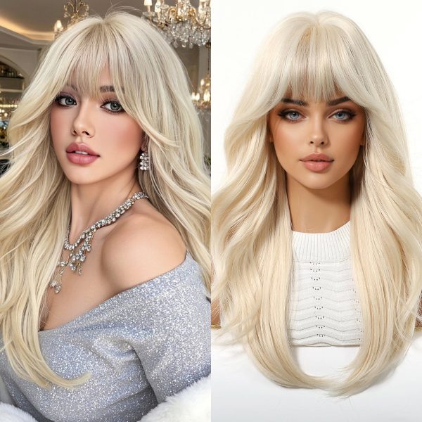 22 Inch Ash Blonde Wavy Wig with Bangs – Layered Synthetic Hair 22 Inch Ash Blonde Wavy Wig with Bangs – Layered Synthetic Hair