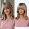16 Inch Brown to Blonde Balayage Lob Wig with Bangs – Synthetic Hair 16 Inch Brown to Blonde Balayage Lob Wig with Bangs – Synthetic Hair