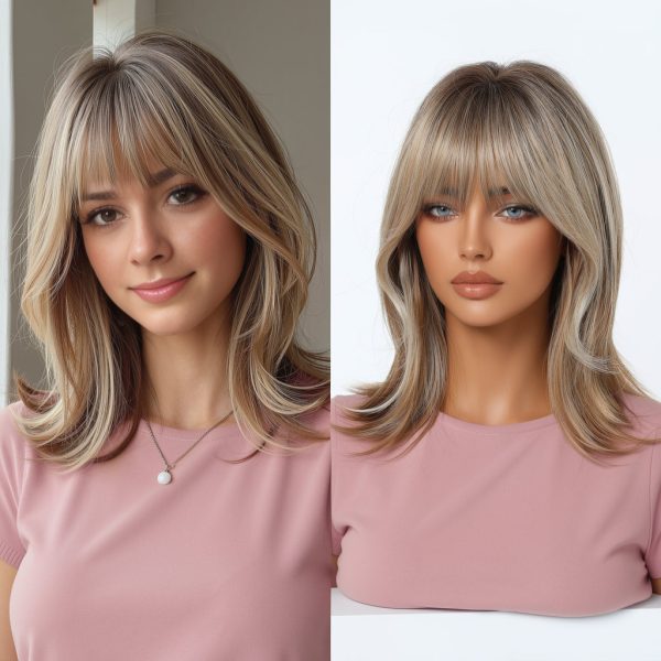 16 Inch Brown to Blonde Balayage Lob Wig with Bangs – Synthetic Hair 16 Inch Brown to Blonde Balayage Lob Wig with Bangs – Synthetic Hair