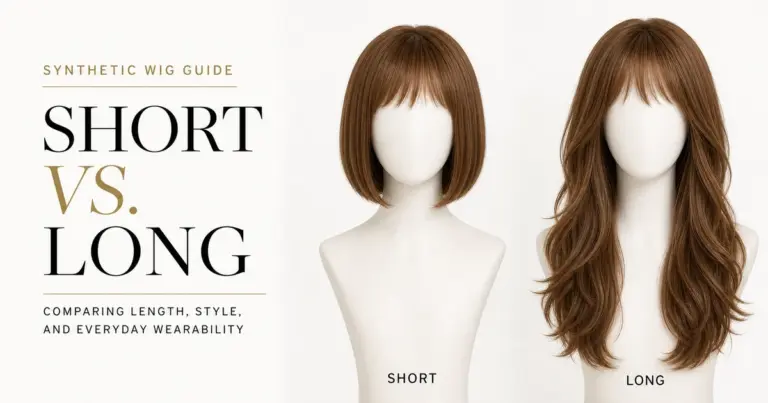 Short bob and long layered synthetic wig length comparison on mannequin heads