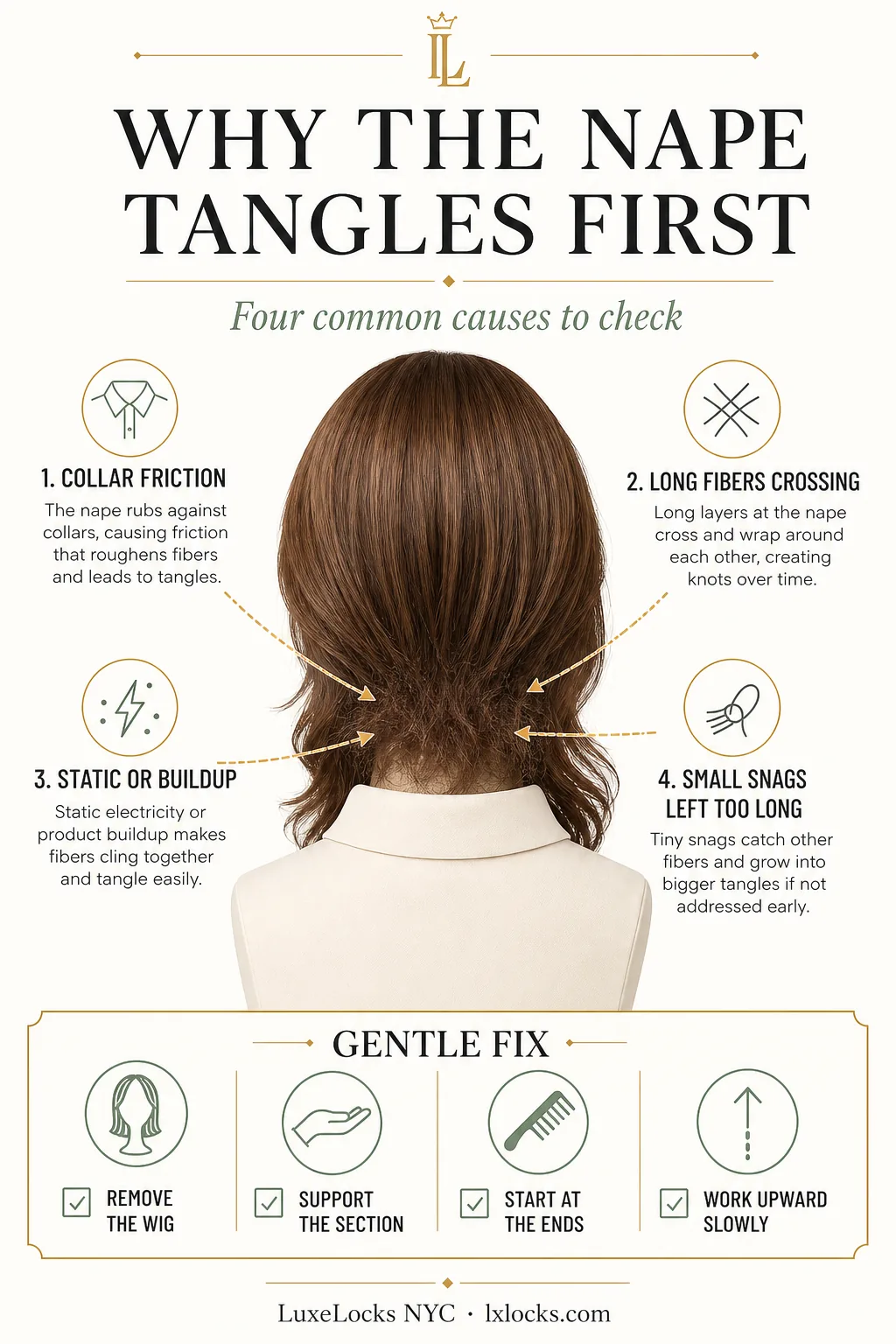 Back view diagram showing collar friction, crossing fibers, static, and small snags that make a synthetic wig tangle at the nape